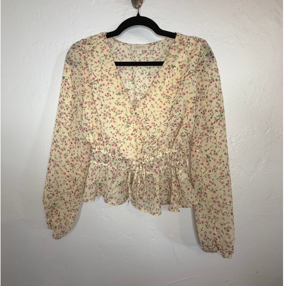 London Rose Top Medium Cream Pink Floral Faux Wrap Peplum Long Sleeve Medium